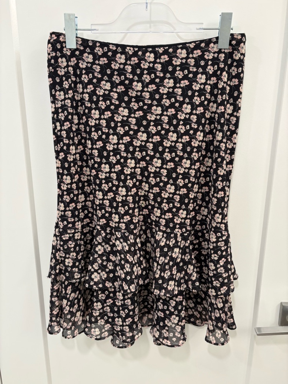 Vintage Y2K Whimsygoth Black Pink Floral Flare Tiered Midi Skirt Size Medium